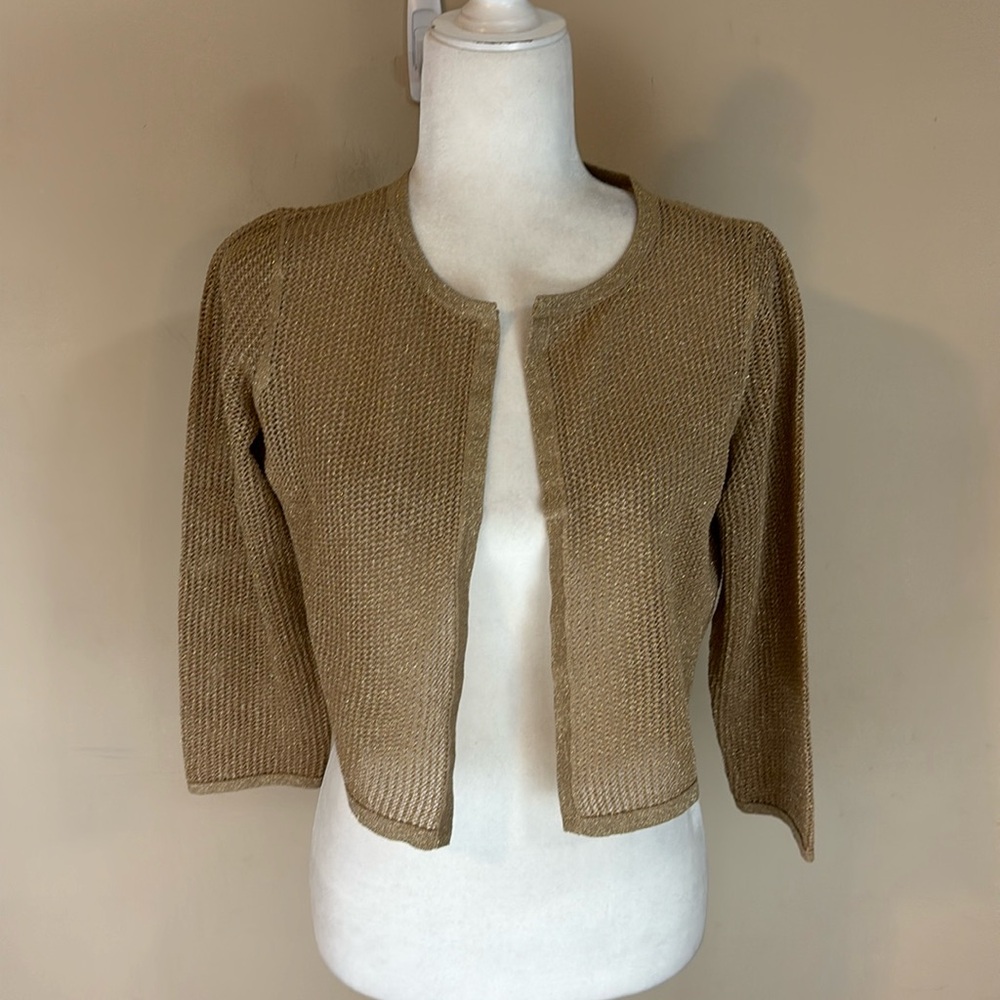 Talbots Metallic Tan Open Knit Cropped Cardigan - Picture 2 of 11